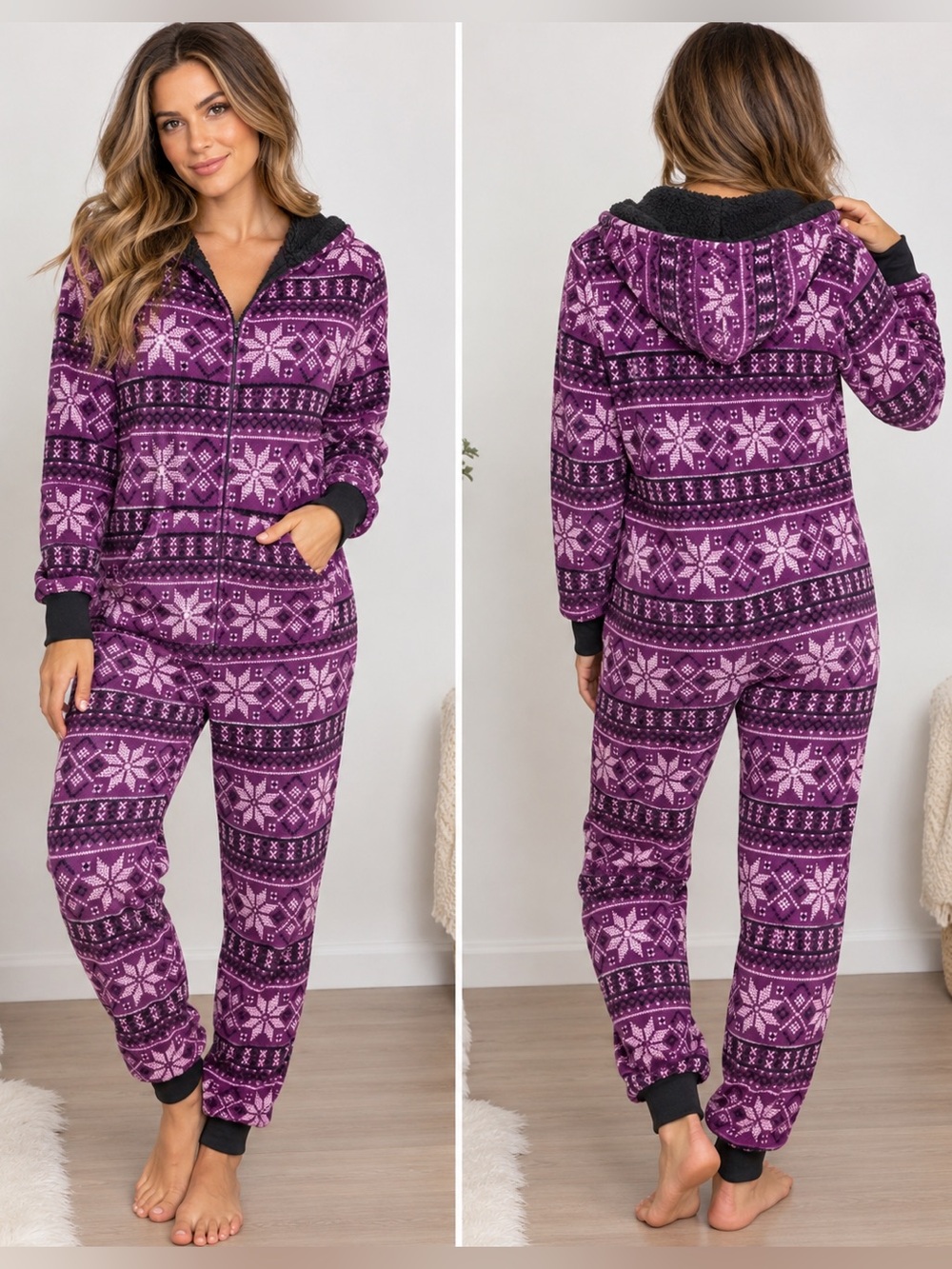 Denver Hayes - Medium - Purple Fair Isle Hooded Onesie Pajamas
